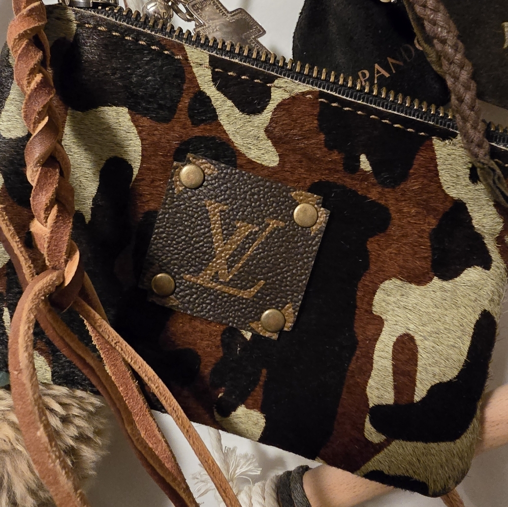 Upcycled Repurposed LV Camo Cowhide Card Wallet With Braided Leather Keyring